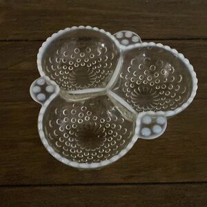 Vintage Moonstone Fenton White Opalescent Hobnail 3 Compartment Clover Dish
